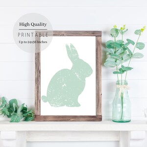 Puede incluir: Una descarga digital imprimible de una silueta de conejo verde desgastada sobre un fondo blanco. La imagen est&aacute; enmarcada y se muestra en un estante blanco con vegetaci&oacute;n en un jarr&oacute;n de vidrio.