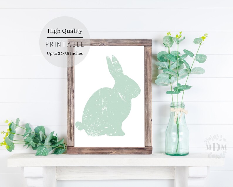 Puede incluir: Una descarga digital imprimible de una silueta de conejo verde desgastada sobre un fondo blanco. La imagen est&aacute; enmarcada y se muestra en un estante blanco con vegetaci&oacute;n en un jarr&oacute;n de vidrio.