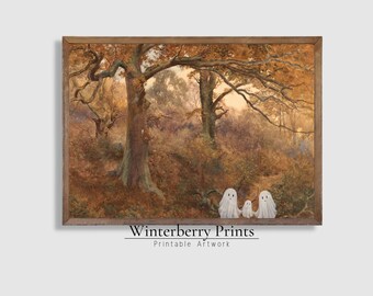 May include: A framed painting of a forest scene with three white ghosts in the foreground. The forest is painted in shades of brown, yellow, and green. The text "Winterberry Prints" and "Printable Artwork" is at the bottom of the image.