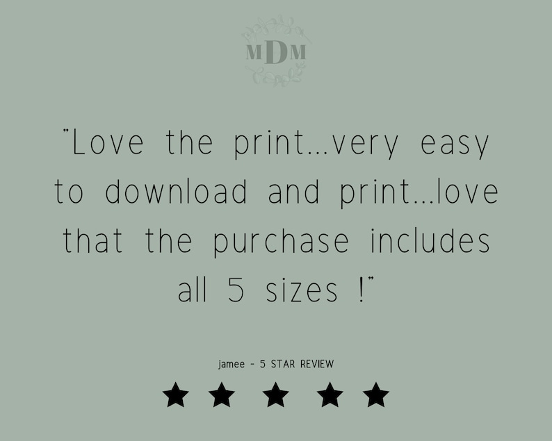 Puede incluir: Cinco estrellas de calificaci&oacute;n para una descarga digital. La rese&ntilde;a dice: "Me encanta la impresi&oacute;n...es muy f&aacute;cil de descargar e imprimir...me encanta que la compra incluya las 5 tallas!"