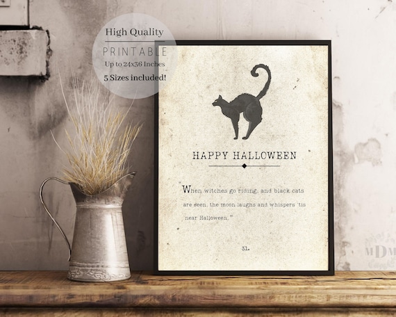 DIGITAL halloween black cat art print,Happy Halloween Printable,Halloween Poster,Halloween Decor,Halloween Party Sign