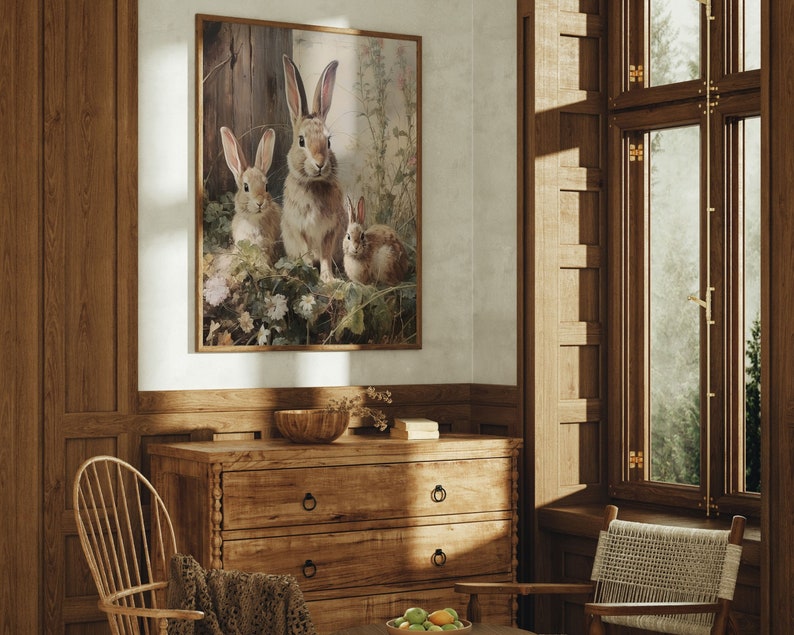 May include: A framed print of three brown rabbits in a forest setting. The rabbits are surrounded by green leaves and flowers. The print is in a wooden frame and is hanging on a wall.