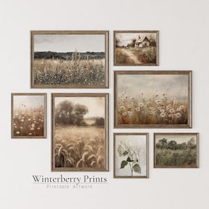 Vintage Gallery Wall Art Set Of Seven, Country Farmhouse Landscape Prints, Rustic French Country Art Prints, Wildflowers, Digital Download