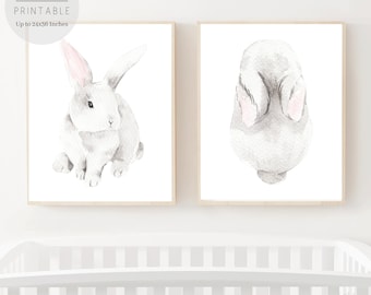 Bunny Print Set Of 2, Nursery Wall Art Decor, Bunny Rabbit, Nursery Animal Prints,Printable Bunny Art, Woodland Poster Art,Baby's Room Decor