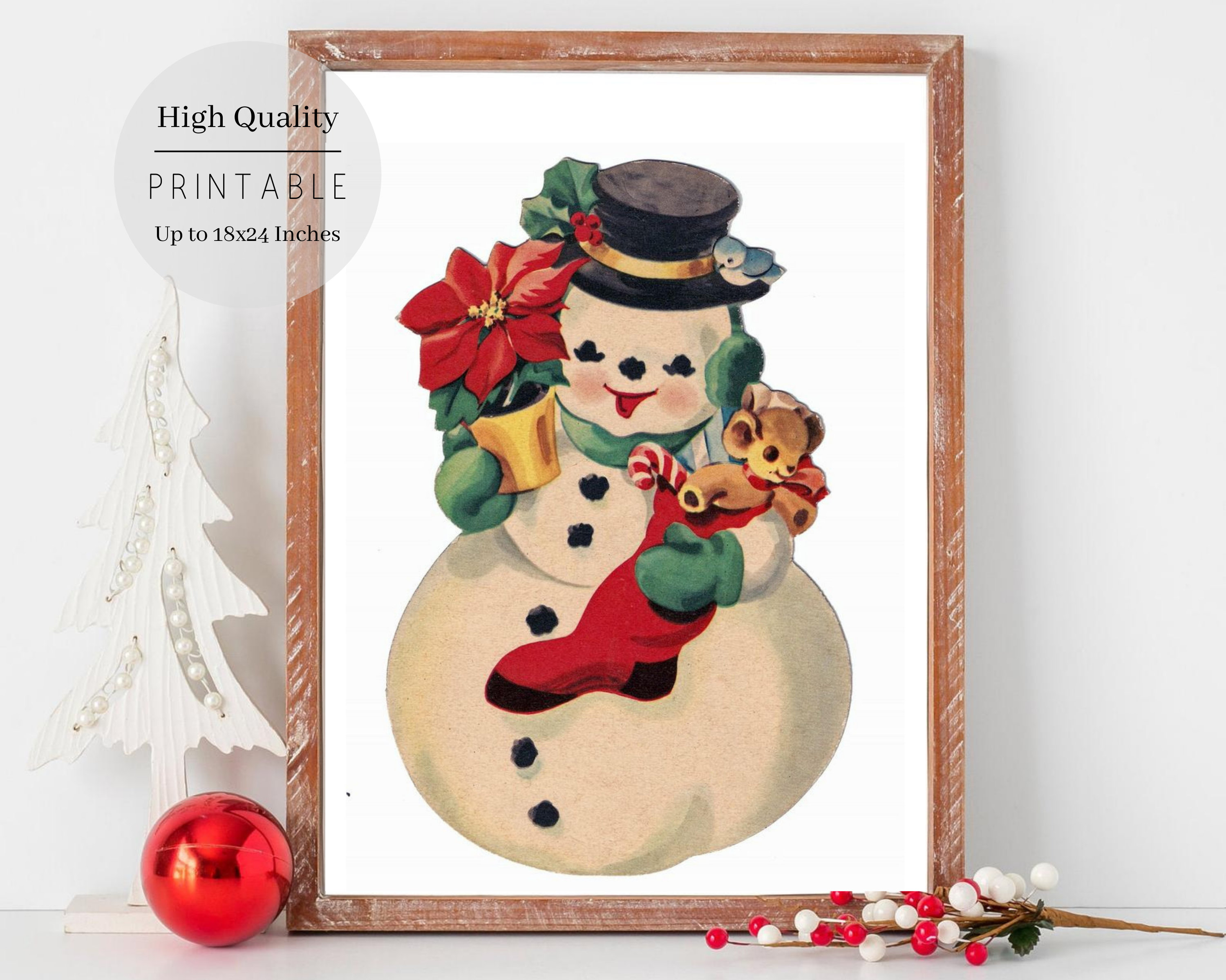 retro snowman christmas print: vintage farmhouse wall art (digital
