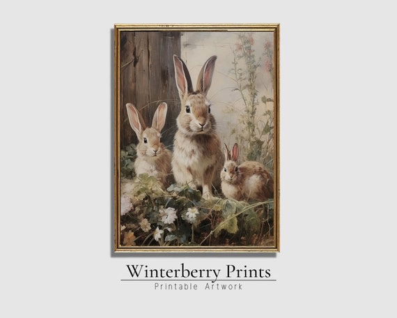Easter Printable-Vintage Rabbit painting-Vintage Easter prints-Antique Farmhouse Wall Art-Spring Art-Bunny Family- Instant Download-#240
