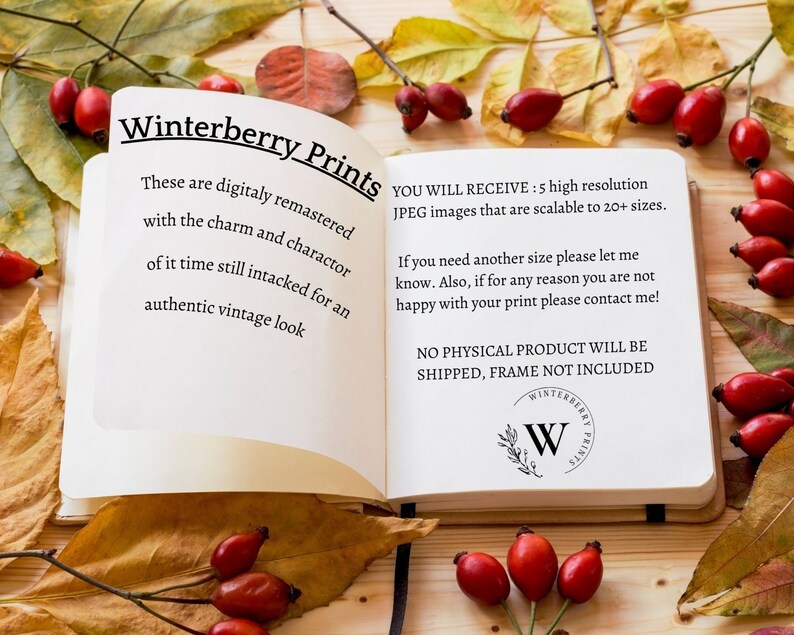 May include: Open book with white pages and black text. The text reads "Winterberry Prints" and includes information about digitally remastered images. The book is lying open on a wooden surface with autumn leaves and red berries.