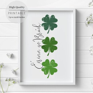 Puede incluir: Una impresión enmarcada en blanco con el texto "Éirinn go Brách" en escritura cursiva y tres tréboles verdes con textura desgastada.