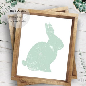 Puede incluir: Una silueta de conejo verde claro con textura desgastada, impresa sobre un fondo blanco y enmarcada en un marco de madera natural.