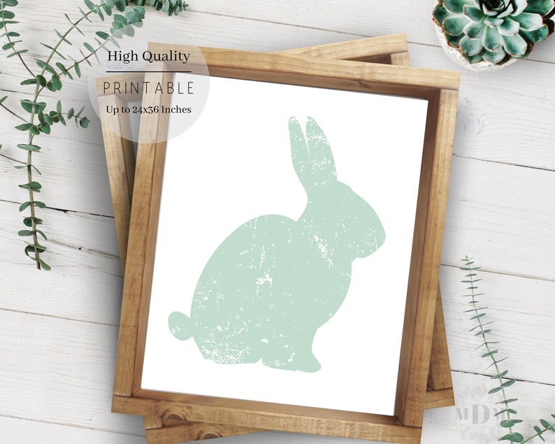 Puede incluir: Una silueta de conejo verde claro con textura desgastada, impresa sobre un fondo blanco y enmarcada en un marco de madera natural.