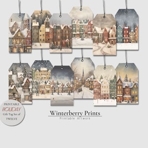 Lot de 12 étiquettes imprimables pour cadeaux de Noël | Esthétique village de Noël vintage| Étiquettes suspendues pour les fêtes|Décorations DIY|Téléchargement numérique|#001TG