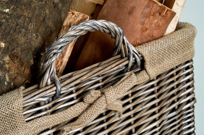 Slim Wicker Log Basket Antique Wash With Hessian Lining Etsy