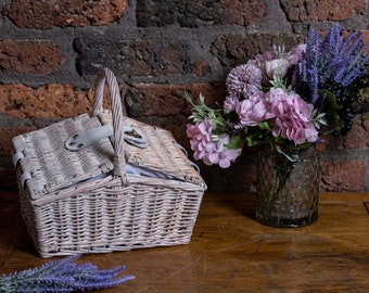 Small White Wicker Picnic Basket With Handle