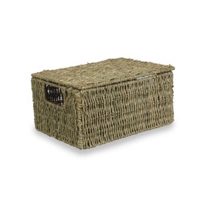 May include: A rectangular woven seagrass storage basket with a lid. The basket is a light brown colour and has a woven pattern.