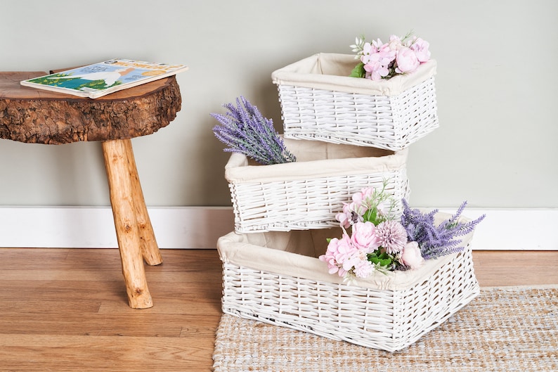 White Wicker Storage Baskets With Cotton Lining Etsy UK