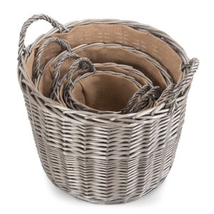 Round Wicker Log Basket 4 Sizes in Antique Wash with Hessian Lining image 2