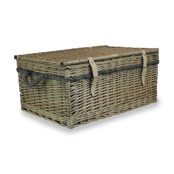 Wicker Storage Trunk With Lid & Rope Handles. Excellent Wicker Storage Basket. Empty Wicker Hamper. Wicker Basket With Lid.
