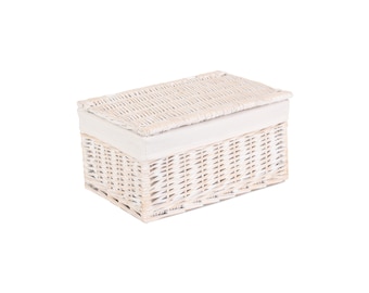 White Storage Baskets - Lined Wicker Basket With Lid in 3 Sizes
