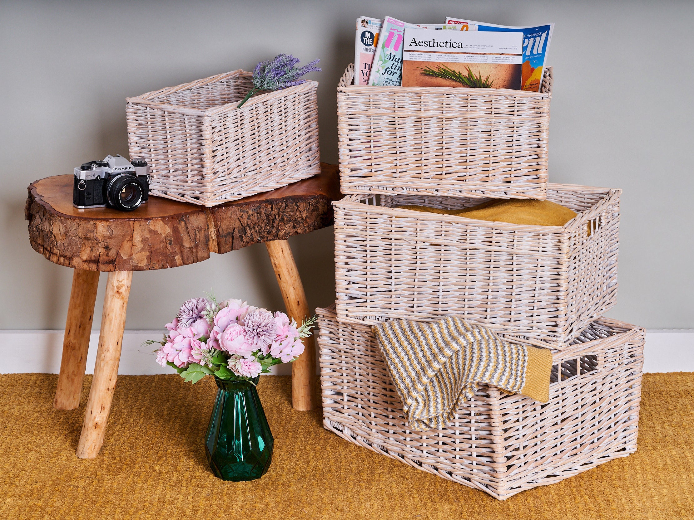 White wicker storage baskets shelves best sale