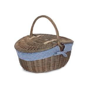 Picnic Basket Lined Wicker Basket With Double Lid Blue & White