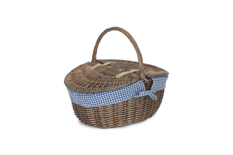 Picnic Basket Lined Wicker Basket With Double Lid Blue & White