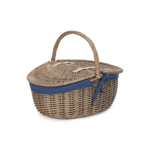 Picnic Basket Lined Wicker Basket With Double Lid Navy