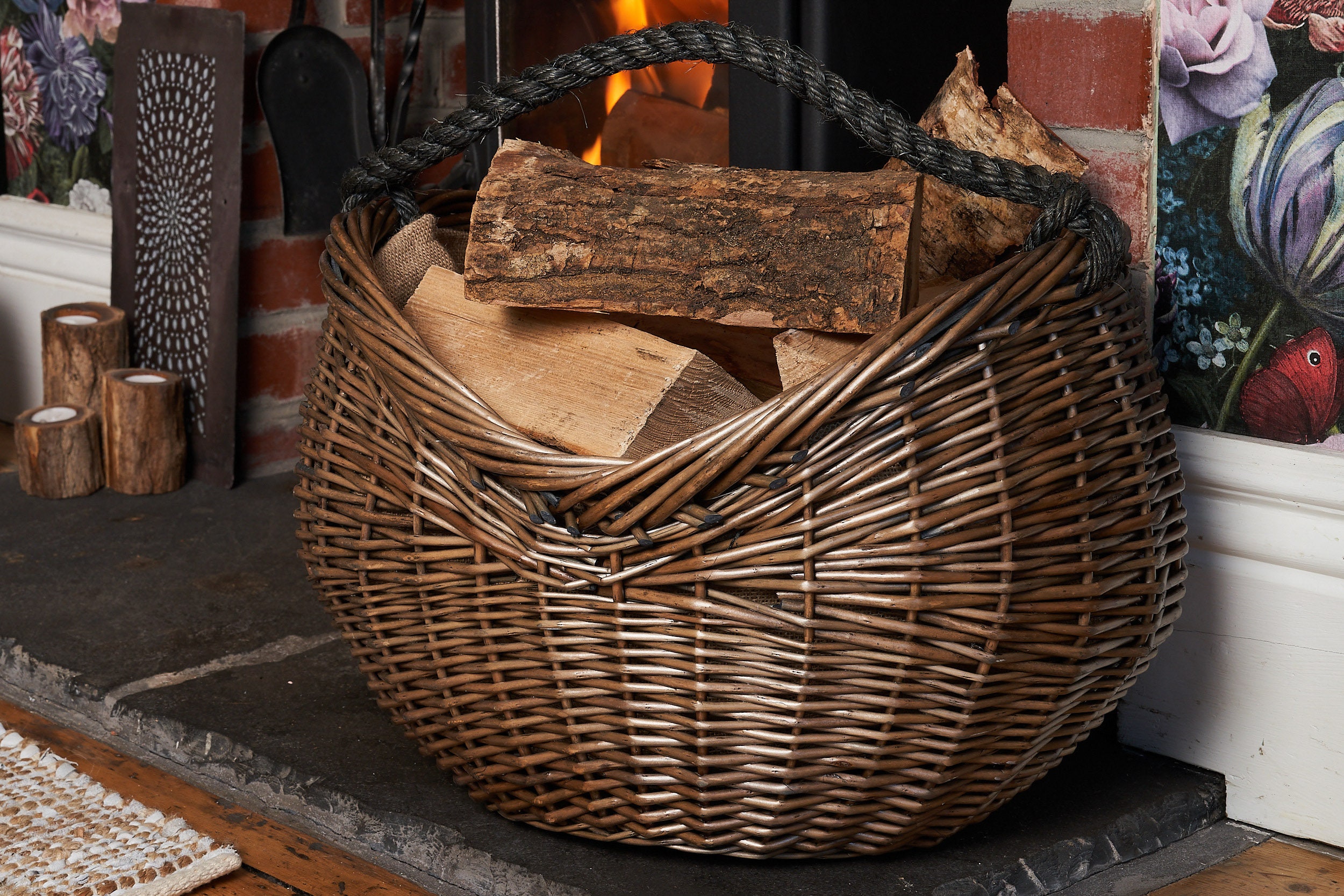 Wicker Log Basket Curved Log Basket With Rope Handles Etsy UK