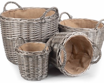 Round Wicker Log Basket - 4 Sizes in Antique Wash with Hessian Lining