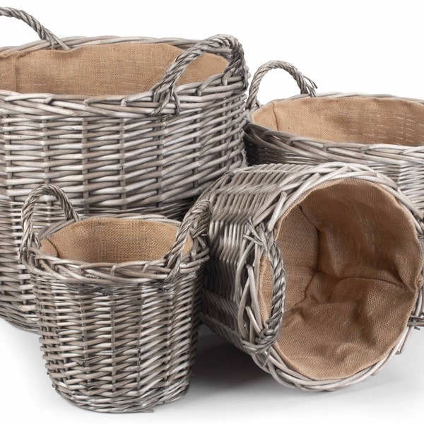 Round Wicker Log Basket - 4 Sizes in Antique Wash with Hessian Lining