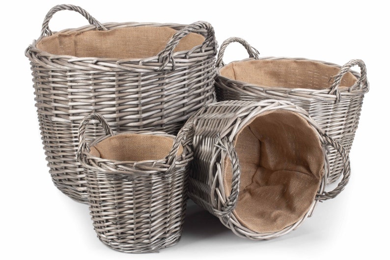 Round Wicker Log Basket 4 Sizes in Antique Wash with Hessian Lining image 1