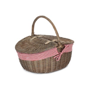 Picnic Basket Lined Wicker Basket With Double Lid Red & White