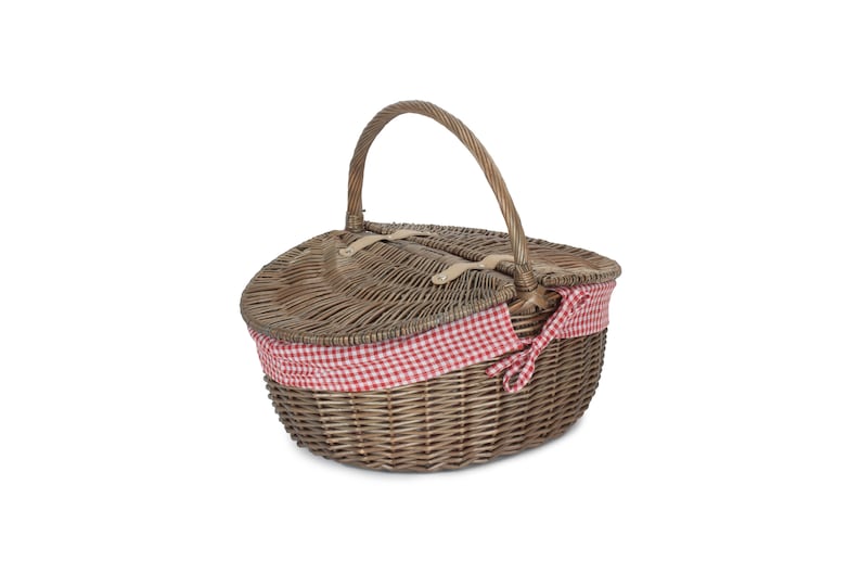 Picnic Basket Lined Wicker Basket With Double Lid Red & White