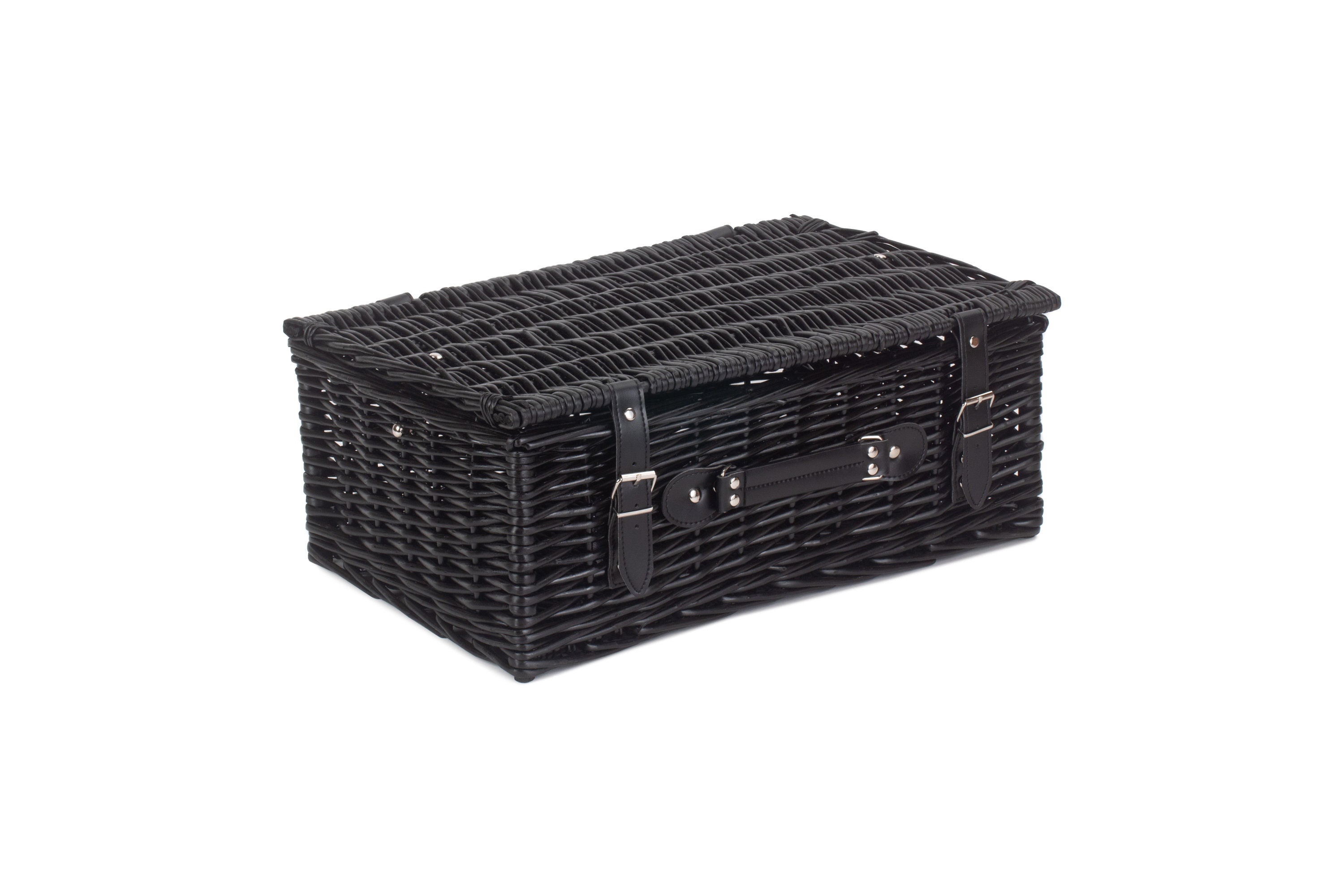 Black Wicker Basket With Lid Empty Hamper With Leather Etsy
