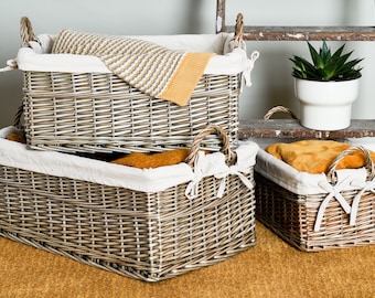 Wicker Storage Baskets With Lining & Handles