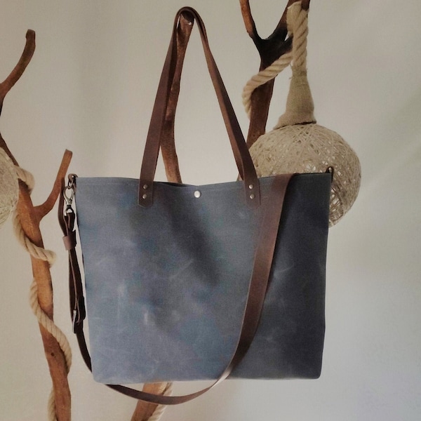 Waxed Canvas Tote Bag for Woman With Leather Straps Handmade Shoulder Purse With Crossbody Strap Casual Bag Handmade Gift CB1