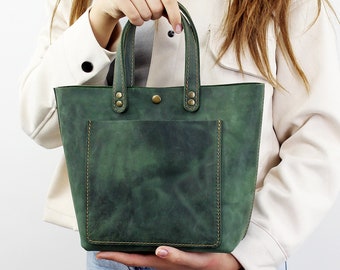 Personalized Handmade Small Leather Crossbody Tote Bag with Zipper, Leather Purse with Pockets, Christmas Gift For Her