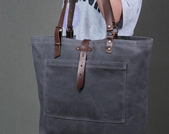 Handmade Waxed Canvas Tote Bag, Personalized Leather Handle Bag, Everyday Shoulder Tote, Crossbody Option