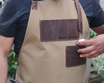 Waxed Canvas and Leather Work Apron with Pockets Heavy Duty Woodworking and Metalworking Apron with Free Monogram Personalized Gift for Her