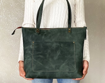 Large Leather Tote Bag With Zipper / Personalized Leather Tote Bag / Handmade Zippered Purse With Pockets / Christmas Gift For Her