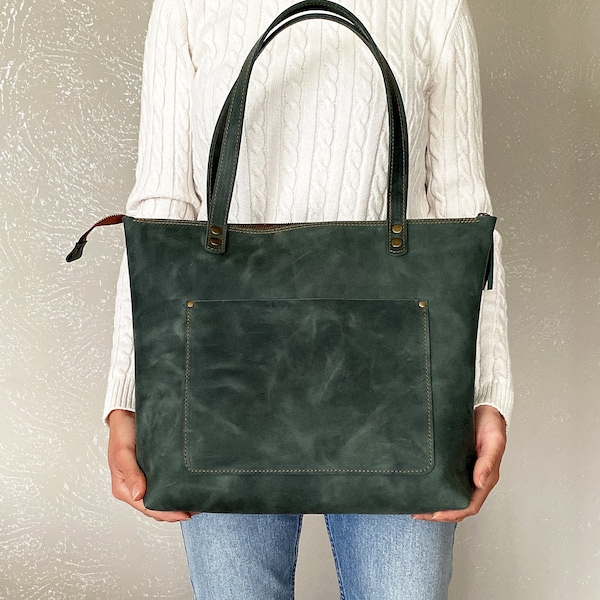 Large Leather Tote Bag With Zipper / Personalized Leather Tote Bag / Handmade Zippered Purse With Pockets / Free  Leather Satchel LB1
