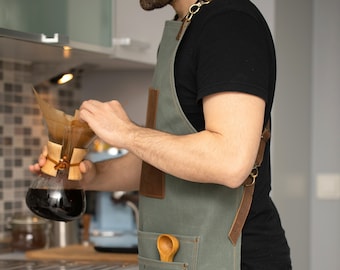 Waxed Canvas and Leather Barista Restaurant  Apron with Pockets Heavy Duty Woodworking and Barbecue Apron with Free Personalized Gift