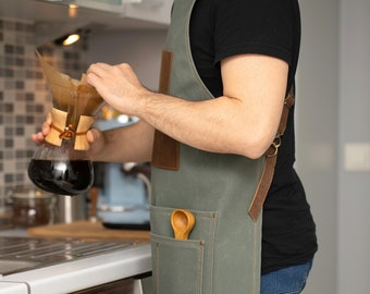 Waxed Canvas and Leather Barista Restaurant Apron, Personalized Heavy Duty Woodworking and BBQ Apron, Christmas Gift For Him