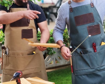 Personalized Waxed Canvas and Leather Work Apron with Pockets Heavy Duty Woodworking and Metalworking Apron with Free Monogram Gift for Him