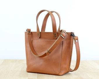 Women Leather Crossbody Small Tote Bag with Zipper, Outside Pocket