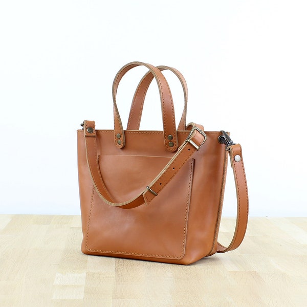 Women Leather Crossbody Small Tote Bag with Zipper, Outside Pocket