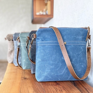 Gewachste Canvas und Leder Crossbody Tote Bag mit Reißverschluss für Frauen / Schultertasche mit Lederriemen / Handgemachte personalisierte Tasche CB5