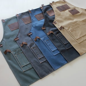 Waxed Canvas and Leather Work Apron / Personalized Heavy Duty Woodworking and Metalworking Apron with Pocket / Gift for Her