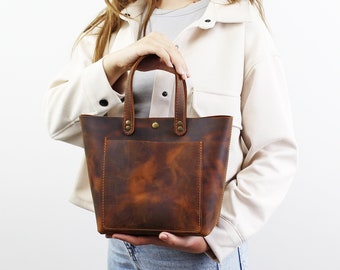 Leather Mini Tote Bag for Women with Free Personalization / Crossbody Strap, Zipper, Outside Pocket