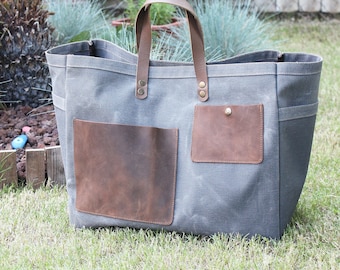 Bolso de jardín de lona encerada / Bolso multiusos personalizado / Bolsa para herramientas de jardín con asas de cuero / Regalo de Navidad para amantes de la jardinería