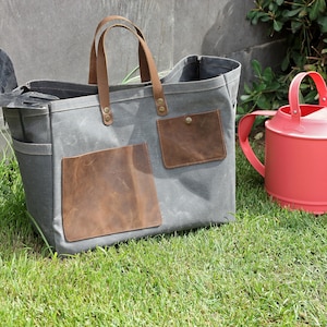 Waxed Canvas Garden Tool Tote Bag / Utility Tote Bag / Gardening bag with Leather Handles / Free Personalization